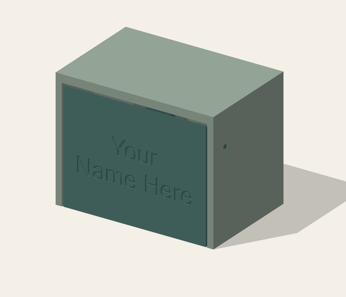 CAD render of the actual three-tier box template with Your Name Here engraving; illustrative colours.